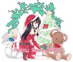  2013 bag bellezza_felutia boots christmas christmas_tree costume crossdressing detached_sleeves doll dress finger_to_mouth gift gift_bag hat male_focus one_eye_closed original otoko_no_ko red_dress red_eyes red_skirt santa_costume sitting skirt smile solo stuffed_animal stuffed_toy teddy_bear thighhighs white_background 