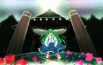  architecture bad_id bad_pixiv_id blurry closed_eyes crying depth_of_field detached_sleeves east_asian_architecture flower frog_hair_ornament full_moon gohei green_hair hair_ornament hair_tubes highres kochiya_sanae long_hair magic_circle moon night onbashira petals rope sanpyon shide shimenawa shrine skirt sky snake_hair_ornament solo star_(sky) starry_sky streaming_tears tears touhou 