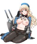  atago_(kantai_collection) black_gloves black_legwear blonde_hair blush breasts cannon condom_wrapper fujioka_toki gloves green_eyes gusset hat highres holding kantai_collection large_breasts long_hair looking_at_viewer military military_uniform nipples open_mouth pantyhose plump simple_background sitting smile solo thighband_pantyhose uniform white_background yokozuwari 