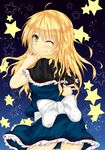  ahoge alice_margatroid alice_margatroid_(cosplay) blonde_hair blue_background bow capelet cosplay dress finger_to_mouth heart highres kirisame_marisa long_hair looking_at_viewer looking_back mikagemaru_(mikage000) one_eye_closed smile solo star starry_background touhou yellow_eyes 
