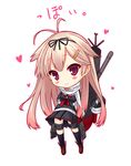  black_legwear bow chibi hair_bow hair_flaps hair_ornament hair_ribbon hairclip kantai_collection long_hair pink_outline poi red_eyes remodel_(kantai_collection) ribbon ryo school_uniform serafuku short_sleeves smile solo yuudachi_(kantai_collection) 