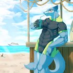  anthro beach biceps big_muscles blush boat bulge cloud drink fin fish gloves green_eyes grey_skin looking_at_viewer male marine muscles open_mouth pecs pose redwolfxlll ripped sand scales sea seaside shark ship sky solo standing swimsuit toned tongue water wetsuit 