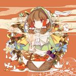  alternate_costume apple baguette basket bird bottle bread brown_eyes brown_hair capelet doll flower food fruit glass_slipper hair_tubes hakurei_reimu hood long_sleeves looking_away matches mouse puddle red_background saya_(sayaya) simple_background smoke solo touhou water_drop wine_bottle 