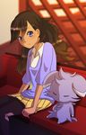  black_legwear blue_eyes braid brown_hair dark_skin espurr gen_6_pokemon long_hair matiere_(pokemon) pantyhose patches pokemon pokemon_(creature) pokemon_(game) pokemon_xy skirt sleeping sweater torn_clothes twin_braids zyagaimonoheya 