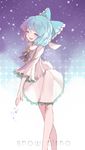  alternate_costume bell blue_eyes blue_hair bow cirno dress english hair_bow hillly_(maiwetea) ice ice_wings open_mouth smile snowing star touhou wings 