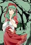  1girl blush breast_hold breasts cleavage dress erect_nipples female finger_to_cheek forest frills front_ponytail green_eyes green_hair highres huge_breasts kagiyama_hina large_breasts long_hair looking_at_viewer nature puffy_nipples puffy_sleeves ribbon smile solo suica_kkk touhou 