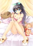  animal_slippers black_hair blue_eyes blush breasts camisole cleavage dog_slippers earrings ganaha_hibiki idolmaster idolmaster_(classic) jewelry k.y_ko large_breasts long_hair looking_at_viewer off_shoulder panties ponytail see-through shiny shiny_skin sitting slippers smile solo strap_slip striped striped_panties stuffed_animal stuffed_dog stuffed_toy teddy_bear underwear 