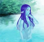  88_(488) blue_skin dragon_quest dragon_quest_x fins hair_censor hair_over_breasts head_fins long_hair nude partially_submerged purple_eyes purple_hair solo water weddie_(dq10) 