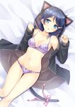  :o animal_ears animal_hood blue_eyes blue_hair blush bra breasts cat_ears cat_hood cat_tail cleavage hair_ornament hairclip hood hoodie idolmaster idolmaster_dearly_stars k.y_ko lingerie long_hair looking_at_viewer lying medium_breasts mizutani_eri navel on_back open_clothes open_hoodie open_mouth panties print_bra print_panties purple_bra purple_panties ribbon shiny shiny_skin solo tail tail_ribbon thigh_gap underwear 