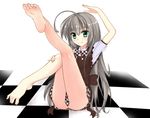  ahoge arm_up bad_id bad_pixiv_id barefoot blush bow bowtie checkered checkered_floor checkered_skirt feet green_eyes haiyore!_nyaruko-san huge_ahoge kneepits leg_up legs long_hair nagamon nyarlathotep_(nyaruko-san) silver_hair sitting skirt smile soles solo toes 