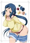  blue_eyes blue_hair blush border breasts color_guide denim denim_shorts gundam gundam_build_fighters iori_rinko large_breasts leaning_forward long_hair looking_at_viewer mature mitarashi_kousei panties partially_undressed ponytail shorts simple_background smile solo underwear undressing 