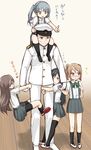  4girls :&lt; admiral_(kantai_collection) age_difference arashio_(kantai_collection) asashio_(kantai_collection) black_hair black_legwear blue_hair blush brown_hair carrying closed_mouth girl_sandwich hat holding_hands kantai_collection kasumi_(kantai_collection) kneehighs kuase leg_cling leg_hug michishio_(kantai_collection) military military_uniform multiple_girls naval_uniform peaked_cap sandwiched school_uniform shoes shoulder_carry skirt suspenders thighhighs translated uniform uwabaki v-shaped_eyebrows yellow_eyes 