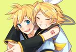  1girl bad_id bad_pixiv_id bare_shoulders blonde_hair blue_eyes blush brother_and_sister closed_eyes detached_sleeves grin hair_ornament hair_ribbon hairpin hug ichinose777 kagamine_len kagamine_rin ribbon sailor_collar short_hair siblings smile upper_body vocaloid 