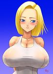  1girl android_18 areolae artist_name blonde_hair blue_eyes blush breasts cleavage collarbone dragon_ball dragonball_z earrings ears female huge_breasts jewelry nipples see-through shiny shiny_skin shirt short_hair solo swimsuit tenji white_shirt 