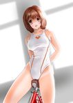  arena_(company) bicycle_seat brown_eyes brown_hair competition_swimsuit highres mashinatsu one-piece_swimsuit original short_hair sitting solo swimsuit 
