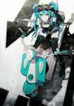  akiakane aqua_eyes aqua_hair boots cross-laced_footwear elbow_gloves fingerless_gloves gloves goggles goggles_on_head grin ground_vehicle hatsune_miku lace-up_boots long_hair md5_mismatch motor_vehicle motorcycle nail_polish scarf smile solo thigh_boots thighhighs twintails vocaloid 