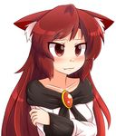  animal_ears brooch brown_hair collarbone crossed_arms fang fang_out frown imaizumi_kagerou jewelry red_eyes shawl simple_background solo touhou tsurime white_background wolf_ears wool_(miwol) 