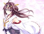  bare_shoulders blush brown_hair detached_sleeves double_bun hair_ornament hairband headgear highres japanese_clothes kantai_collection kongou_(kantai_collection) long_hair nontraditional_miko okome_(minagisama) purple_eyes skirt smile solo 