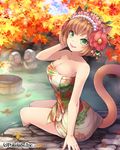  animal animal_ears autumn autumn_leaves breasts brown_hair bucket cat_ears cat_tail cleavage flower green_eyes hair_flower hair_ornament hairband hinariaoba japanese_macaque large_breasts monkey naked_towel onsen original short_hair sitting smile solo tail towel water wooden_bucket 