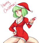  bangs breasts candy candy_cane character_request christmas food fur_trim green_hair hair_ornament hairclip hand_on_hip hat merry_christmas red_eyes red_skirt sack santa_hat short_hair shotlancer sitting sitting_on_object skirt small_breasts solo 