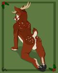  all_fours anthro antlers anus back back_turned backsack balls black_nose border brown_fur butt cervine christmas fersir fur green_background green_eyes holidays hooves horn looking_at_viewer looking_back male mammal mistletoe nude perineum pinup plain_background pose presenting presenting_hindquarters raised_tail reindeer shadow solo spots 