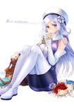  aila_jyrkiainen bag baozi bare_shoulders black_legwear blue_eyes boots breasts character_name copyright_name eating elbow_gloves food gloves gundam gundam_build_fighters hat iori_sei large_breasts long_hair nadir objectification pantyhose qubeley_papillon reiji_(gundam_bf) silver_hair sitting steam thigh_boots thighhighs 