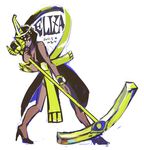  1girl artist_request bare_legs black_hair dark_skin egyptian eliza_(skullgirls) female high_heels microphone scythe short_hair simple_background skullgirls solo white_background 