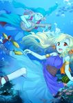  1girl :d armlet blue_skin boots dragon_quest dragon_quest_x dress fins fish head_fins highres instrument long_hair lute_(instrument) midoya_(icecandy) music open_mouth playing_instrument purple_hair red_eyes sandals smile underwater vest weddie_(dq10) white_hair 