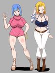  2girls android_18 bare_shoulders blonde_hair blue_eyes blue_hair bottomless bulma curvy detached_sleeves dragon_ball dragonball_z earrings green_eyes grin jewelry midriff multiple_girls navel necklace rickert_kai rough smile standing thighs wide_hips 
