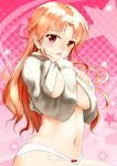  :o aran_sweater asuna_(sao) breast_press breasts brown_hair clothes_lift half_updo highres kgo large_breasts no_bra panties red_eyes sweater sweater_lift sword_art_online underboob underwear white_panties 