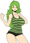  ahoge breasts cleavage clenched_hand contrapposto flat_color green_hair highres large_breasts long_hair monet_(one_piece) one_piece shirt short_shorts shorts simple_background solo space_jin standing striped striped_tank_top tank_top textless white_background yellow_eyes 