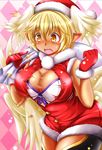  1girl alternate_costume blonde_hair blush breasts bursting_breasts buttons christmas cleavage dark_skin embarrassed flying_button full-face_blush fur_trim gloves hat head_wings kittan_(cve27426) large_breasts lilith_(shinrabanshou) low_wings open_mouth pointy_ears popped_button red_gloves sack santa_costume santa_hat shinrabanshou short_hair sleeveless slit_pupils solo sweatdrop wardrobe_malfunction wings yellow_eyes 