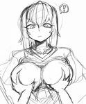  1girl breast_grab breasts deep_skin grabbing greyscale large_breasts monochrome original pov shirt sketch slit_pupils solo_focus space_jin spoken_exclamation_mark t-shirt zoe_(space_jin) 