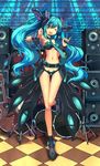  ;d aqua_eyes aqua_hair bandeau belt bikini checkered checkered_floor drum drum_set fingernails guitar hatsune_miku headgear headset highres hoshi_no_gen instrument jewelry long_fingernails long_hair loose_belt microphone nail_polish navel necktie no_nose one_eye_closed open_mouth pinky_out ring smile solo speaker swimsuit thigh_gap twintails very_long_hair vocaloid 