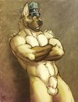 abs balls biceps brown_fur canine dog flaccid fur german_shepherd green_eyes hat kihu leaning male mammal military muscles navel nude open_mouth outside pecs penis ripped sheath solo wall yellow_fur 