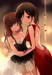  :d a_channel arm_holding backless_dress backless_outfit black_hair blurry blush bokeh brown_eyes brown_hair cocktail_dress depth_of_field dress formal gloves hug kuroda_bb light_smile long_hair looking_back manga_time_kirara multiple_girls nishi_yuuko official_art open_mouth ponytail purple_gloves red_dress side_slit smile tennouji_nagisa 