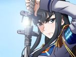  bakuzan black_hair blue_eyes drawing_sword epaulettes genya_(genya67) kill_la_kill kiryuuin_satsuki lens_flare portrait sheath shoulder_pads solo sword unsheathing weapon 