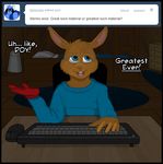  bed bedroom blue_eyes brown_fur bunk_bed clothing comic computer cub dialog english_text fur glove joeyboy kangaroo mammal marsupial sitting text tumblr webcam young 