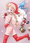  angry ass blonde_hair blue_eyes blush boots braid christmas earrings gift hand_on_hip hat highres isedaichi_ken jewelry long_hair nude original sack santa_hat solo thigh_boots thighhighs torn 