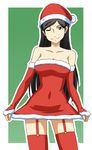  black_hair blue_eyes cowboy_shot detached_sleeves dress garter_straps goriate hat kumashiro_maya long_hair looking_at_viewer one_eye_closed santa_costume santa_hat seikimatsu_occult_gakuin skirt_hold smile solo thighhighs two-tone_background 