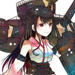  bare_shoulders black_hair blush breasts cannon detached_sleeves fusou_(kantai_collection) hair_ornament itomugi-kun japanese_clothes kantai_collection long_hair medium_breasts miko red_eyes skirt smile solo turret 