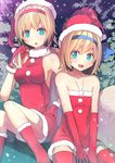  :d alice_margatroid alice_margatroid_(pc-98) bare_shoulders blonde_hair blue_eyes blue_hairband boots censored christmas covering covering_crotch culter dress dual_persona elbow_gloves flat_chest gloves hair_ribbon hairband hat highres in_tree looking_at_viewer multiple_girls open_mouth red_footwear red_gloves red_legwear ribbon sack santa_costume santa_hat sitting sitting_in_tree sleeveless sleeveless_dress smile strapless strapless_dress thighhighs time_paradox touhou touhou_(pc-98) tree upskirt v_arms zettai_ryouiki 