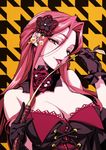  bad_id bad_pixiv_id bare_shoulders black_gloves breasts cleavage flower gloves houndstooth idolmaster idolmaster_cinderella_girls large_breasts long_hair looking_at_viewer matsuryuu red_eyes red_hair riding_crop rose smile tongue tongue_out zaizen_tokiko 