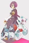  1girl back bleach bridal_gauntlets crossover elbow_gloves from_behind froslass glaceon gloves holding holding_poke_ball japanese_clothes kimono kuchiki_rukia looking_at_viewer looking_back nintendo pochi5 poke_ball pokeball pokemon purple_eyes purple_hair short_hair standing 