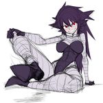  breasts breasts_apart gen_1_pokemon gengar gloves grin large_breasts leotard long_hair personification pokemon purple_hair red_eyes sitting sitting_on_object sketch smile solo space_jin spiked_hair thick_thighs thighs wide_hips 