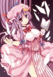  adapted_costume book breasts crescent dress hat hat_ribbon long_hair maturiuta_sorato medium_breasts open_book open_mouth patchouli_knowledge purple_eyes purple_hair ribbon solo striped striped_dress touhou wrist_cuffs 
