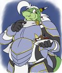  anthro armor chubby dragon eating food gloves green_dragon hair horn male scalie standing tomei white_hair yellow_eyes zerofox1000 