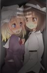  asymmetrical_docking blonde_hair blush breast_press brown_eyes brown_hair dress dress_shirt grin hat locker maribel_hearn multiple_girls open_mouth purple_dress purple_eyes shirt short_hair skirt smile tori_(minamopa) touhou upper_body usami_renko yuri 