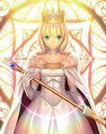  ahoge artoria_pendragon_(all) blonde_hair bow cape choker crown dress elbow_gloves fate/stay_night fate_(series) fur_trim gloves green_eyes highres official_art saber scepter smile takeuchi_takashi white_dress white_gloves 