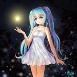  bad_id bad_pixiv_id bare_arms bare_shoulders blue_eyes blue_hair collarbone darkness dress glowing hatsune_miku highres long_hair reki_(lichk) sleeveless sleeveless_dress solo star twintails very_long_hair vocaloid white_dress 